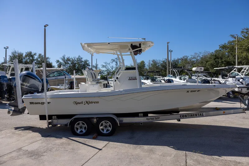 Slide: The Image of 2018 Ranger 2510 Bay Ranger boat on trailer in marina setting. - 2