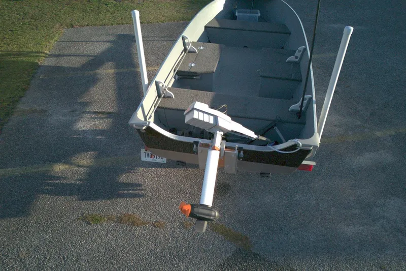 Slide: The Image of 2021 Smoker Craft 14 Big Fish boat on a trailer, viewed from above. - 5