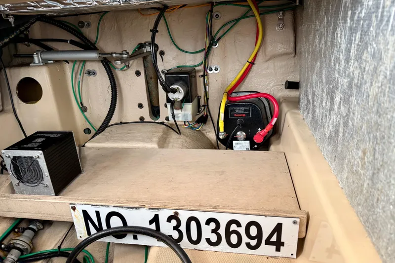 Slide: The Image of Engine compartment of 2018 Ranger Tugs R-29 CB with wiring and components. - 22