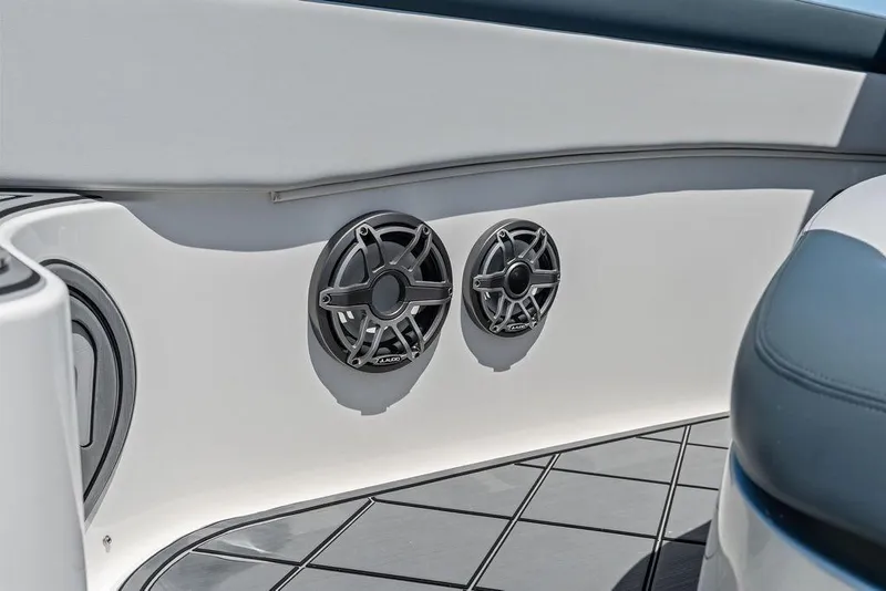 Slide: The Image of Speakers on a 2020 Mystic M4200 boat interior, featuring sleek design and modern audio system. - 21
