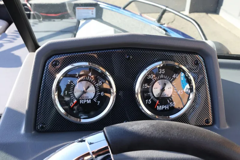 Slide: The Image of Dashboard of 2026 Lowe Fish & Ski 1625 boat with RPM and MPH gauges. - 28