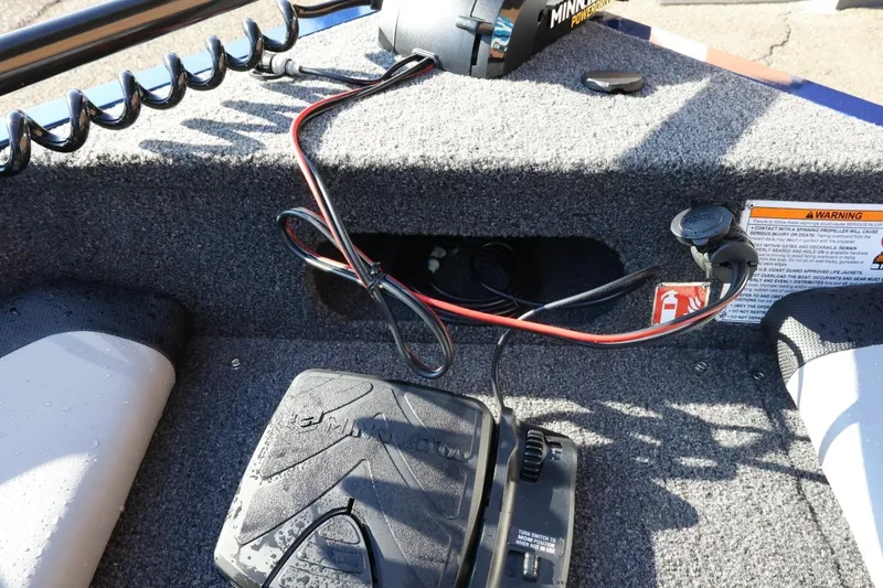 Slide: The Image of 2026 Lowe Fish & Ski 1625 boat interior with Minn Kota trolling motor and wiring. - 40