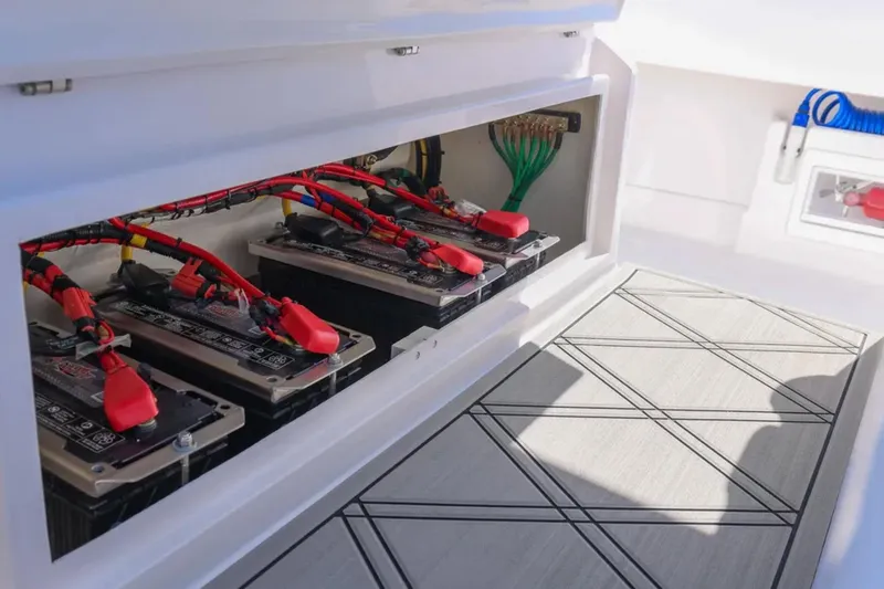 Slide: The Image of Battery compartment of 2025 Blackwater 43 Luxury Fish boat, featuring advanced wiring and design. - 46