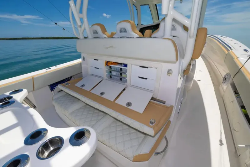 Slide: The Image of 2024 Blackwater 43 Sportfish boat interior with storage compartments and seating. - 37