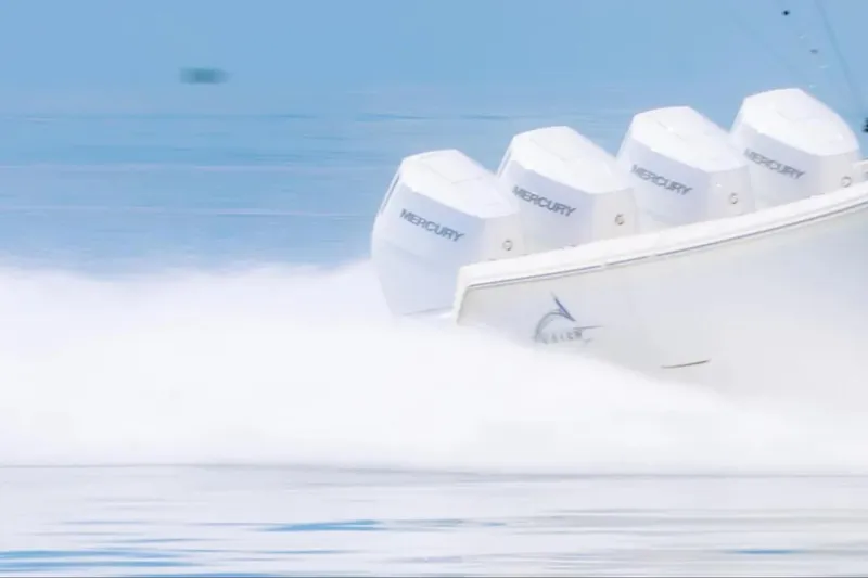 Slide: The Image of 2024 Blackwater 43 Sportfish with Mercury engines speeding on water. - 7