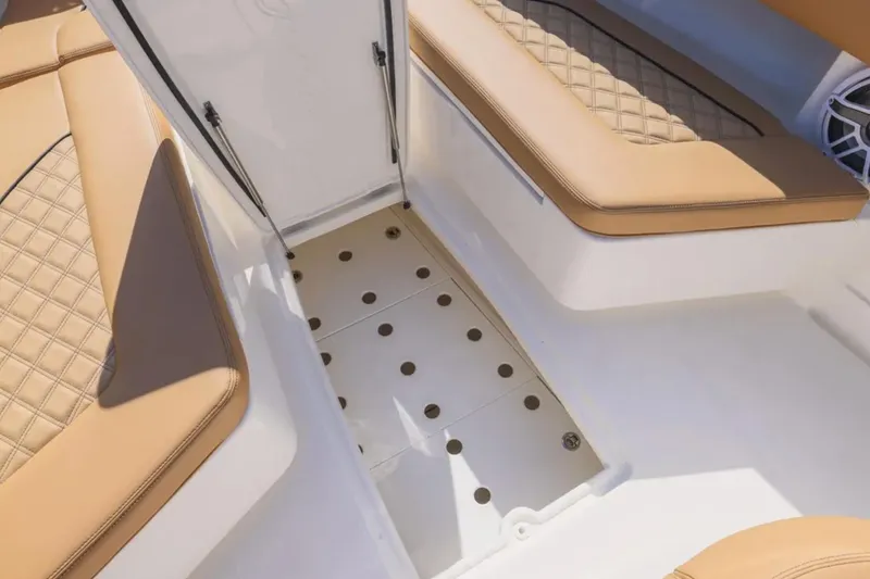 Slide: The Image of Luxurious seating on 2026 Blackwater 41 Performance Fish boat, featuring tan leather upholstery. - 15
