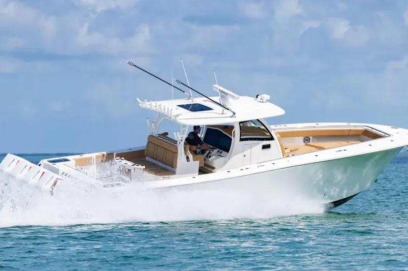 Slide: The Image of 2025 Blackwater 41 Performance Fish boat engine compartment with ladder and equipment. - 46