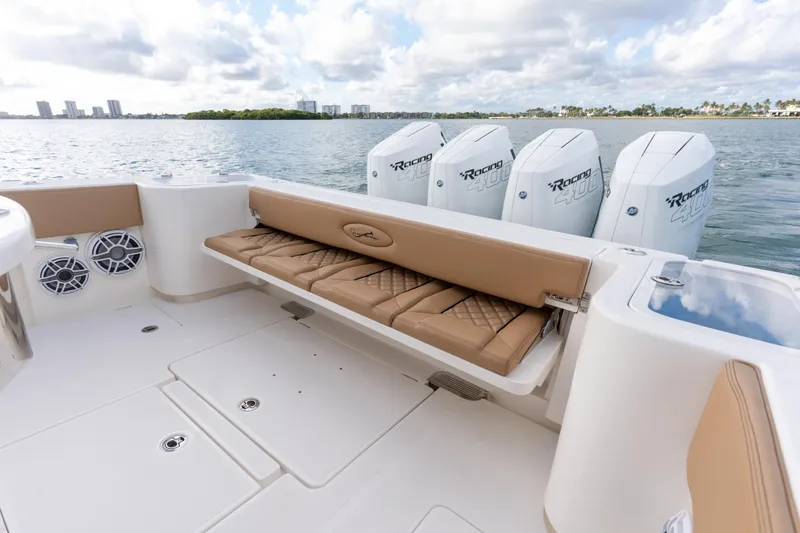 Slide: The Image of 2026 Blackwater 41 Performance Fish boat interior with seating and rod holders. - 64