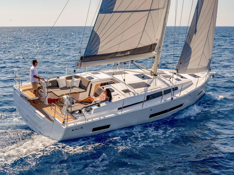 Slide: The Image of 2025 Hanse 410 sailboat cruising on open sea with two people on deck. - 8