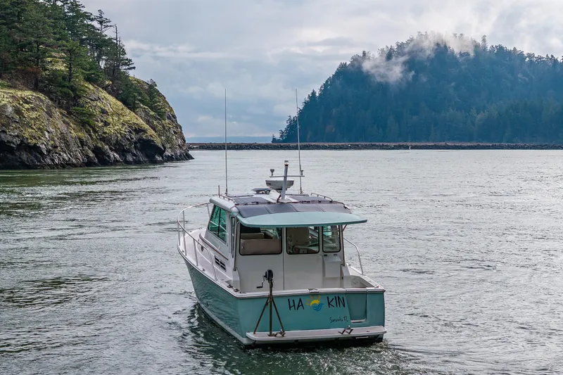 Slide: The Image of 2008 Back Cove 33 boat cruising near forested islands under cloudy skies. - 7