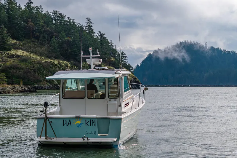 Slide: The Image of 2008 Back Cove 33 boat cruising near forested island under cloudy sky. - 8