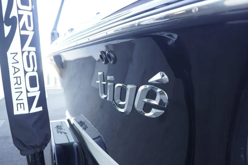 Slide: The Image of 2018 Tigé R22 boat with sleek black exterior and chrome logo detailing. - 11