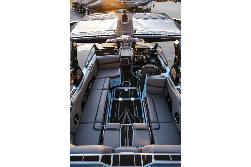 Slide: The Image of 2024 Supra SL boat interior with sleek seating and modern design. - 31