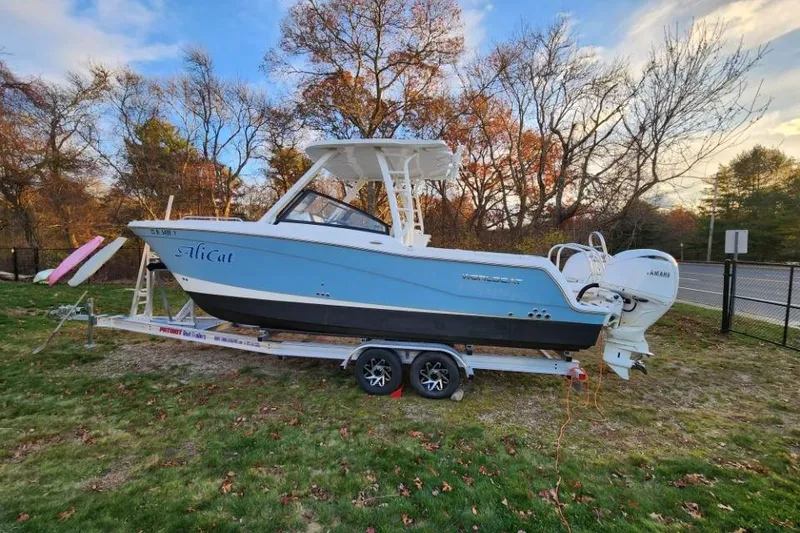 Slide: The Image of 2024 World Cat 260 DC-X boat on trailer, parked on grass with autumn trees. - 7