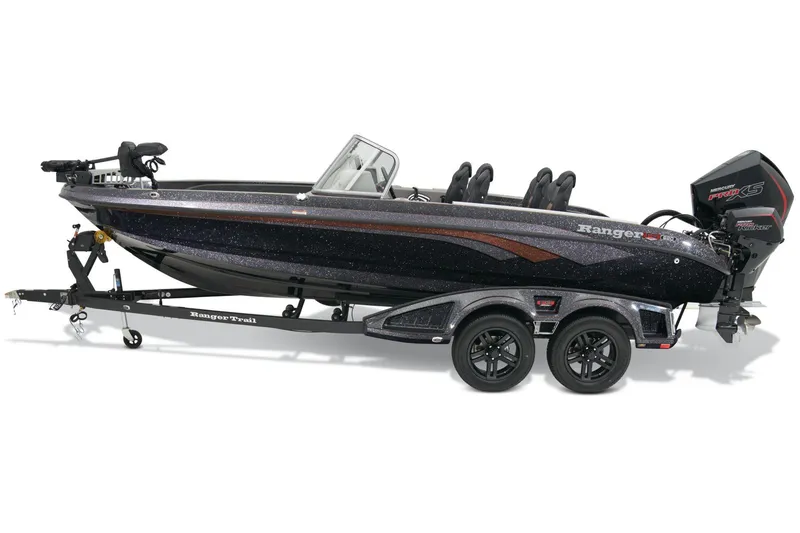 Slide: The Image of 2026 Ranger 620FS Pro boat with Mercury engine at Tracker Boats dealership. - 2