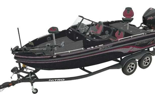 Slide: The Image of 2026 Nitro ZV19 Sport boat on trailer, featuring sleek design and modern seating. - 13