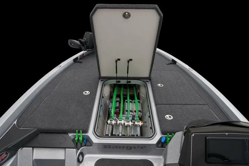 Slide: The Image of 2026 Ranger Z518 Cup-Equipped boat interior with control panel and caution tag. - 23