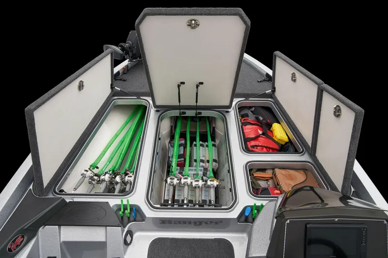 Slide: The Image of 2026 Ranger Z518 Cup-Equipped boat console with logo and storage compartment. - 24