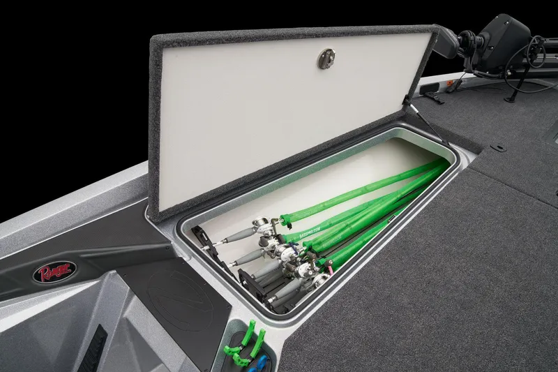 Slide: The Image of Open storage compartment of 2026 Ranger Z518 Cup-Equipped boat, featuring secure latch. - 25