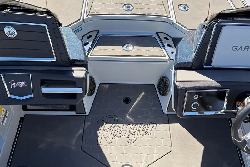 Slide: The Image of 2026 Ranger Z521R Cup-Equipped boat interior with branded flooring and control panels. - 33