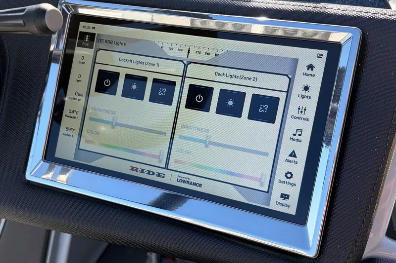 Slide: The Image of Touchscreen control panel in 2026 Ranger Z521R Cup-Equipped boat, displaying lighting settings. - 55