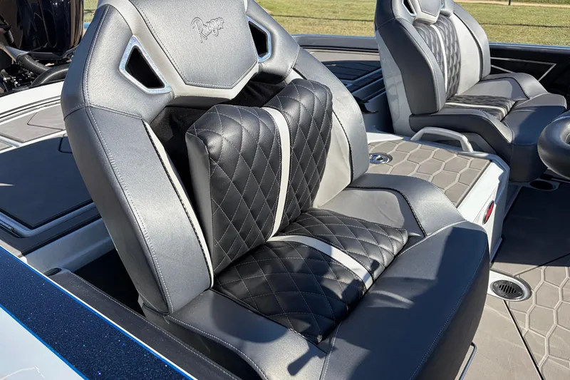 Slide: The Image of 2026 Ranger Z521R Cup-Equipped boat seats with quilted black and gray leather design. - 75