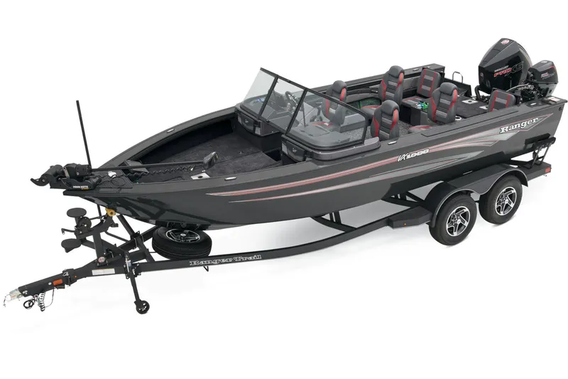 Slide: The Image of 2026 Ranger VX1988 WT boat on trailer, sleek design, black exterior, modern wheels. - 1