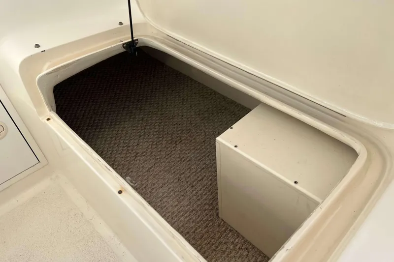 Slide: The Image of Storage compartment on a 2004 Henriques 35 Express boat, featuring carpeted interior. - 39
