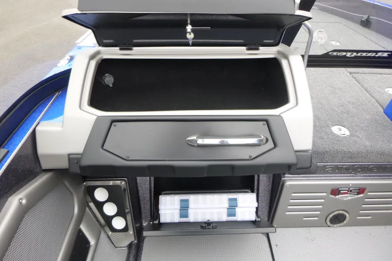 Slide: The Image of 2026 Ranger 620FS Cup Equipped boat storage compartments and tackle box. - 29