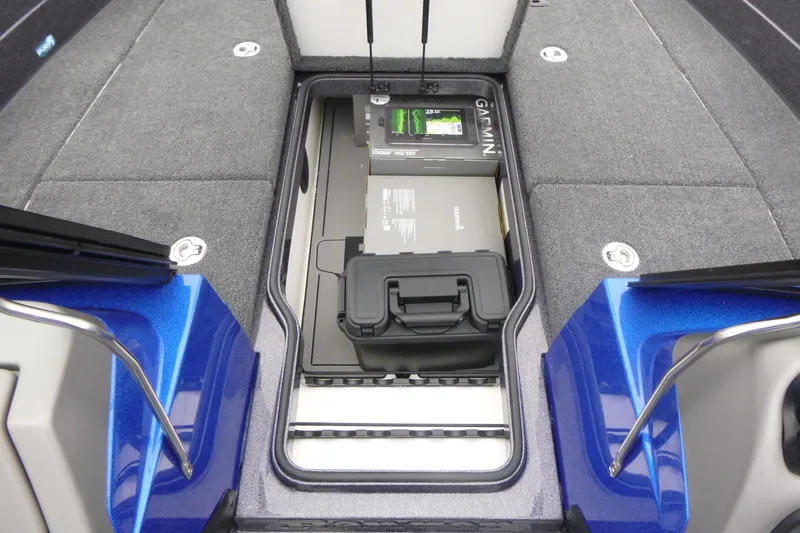 Slide: The Image of 2026 Ranger 620FS Cup Equipped boat storage compartment with Garmin equipment. - 32