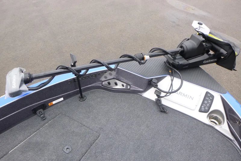 Slide: The Image of 2026 Ranger 620FS Cup Equipped boat with Garmin trolling motor on deck. - 35