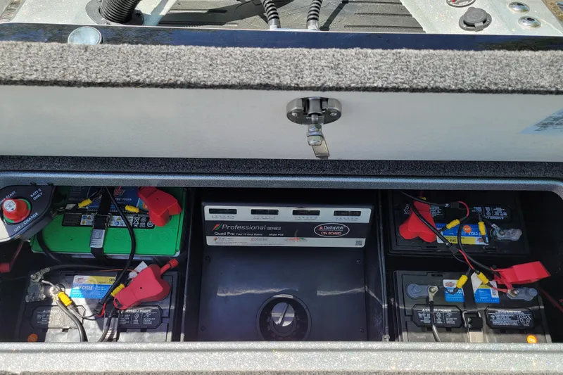 Slide: The Image of 2020 Ranger Z521L boat battery compartment with multiple batteries and wiring. - 17