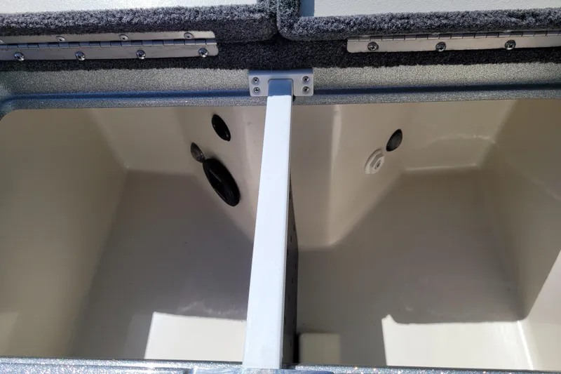 Slide: The Image of 2020 Ranger Z521L boat storage compartments with open lids and carpeted edges. - 20