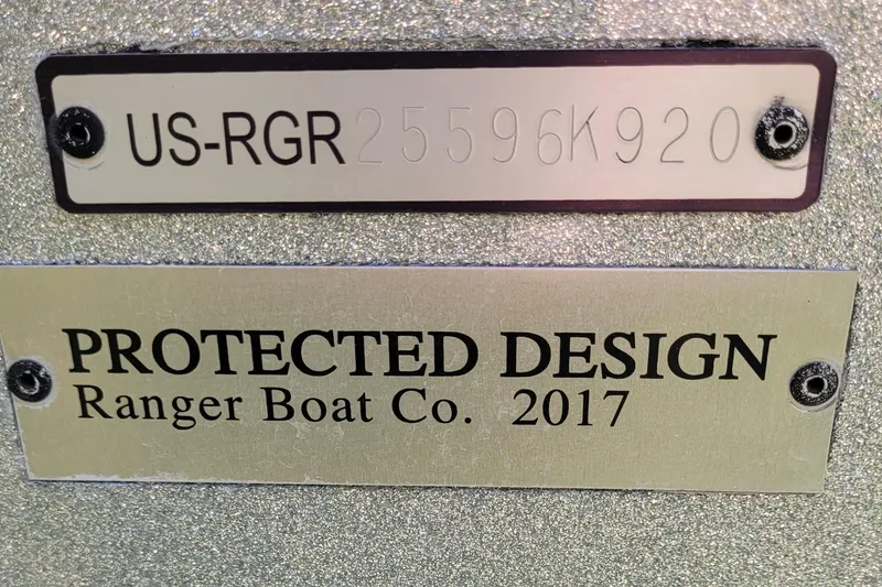 Slide: The Image of 2020 Ranger Z521L boat identification and protected design plates. - 48