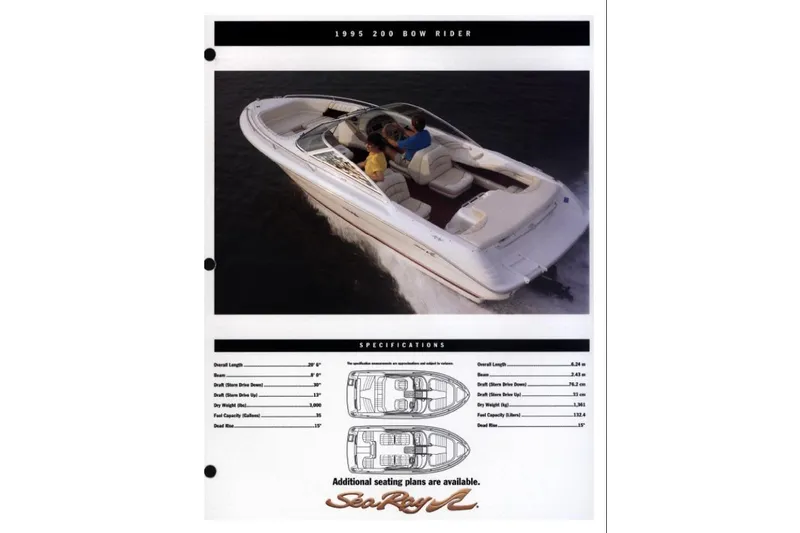 Slide: The Image of 1995 Sea Ray 200 Bow Rider boat on water, featuring specifications and seating plans. - 7