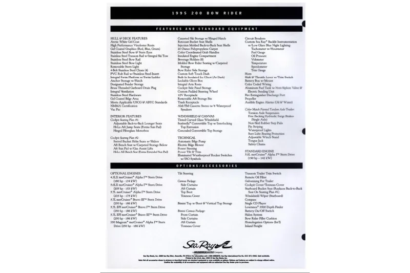 Slide: The Image of 1995 Sea Ray 200 Bow Rider features and options list, including engine specifications. - 8