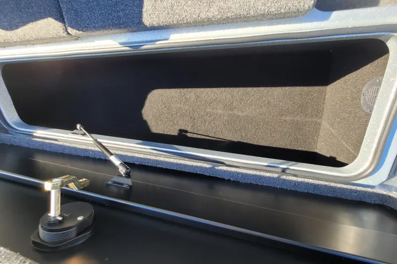 Slide: The Image of 2024 Triton 179 TrX storage compartment with hydraulic lift and latch mechanism. - 10