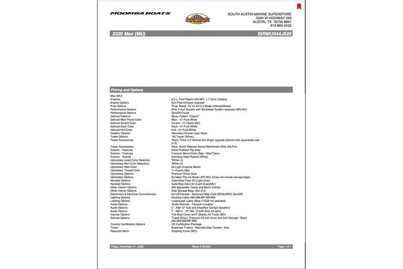 Slide: The Image of 2026 Moomba Max boat specifications and options list from South Austin Marine Superstore. - 35