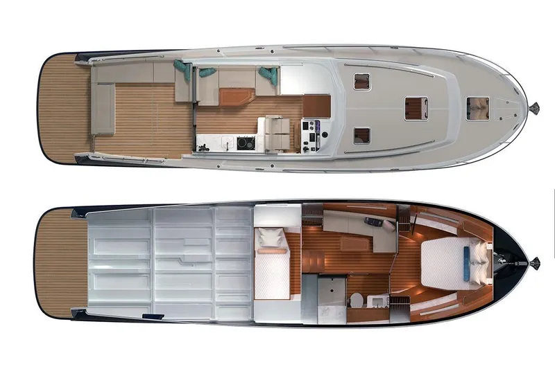 Slide: The Image of Top-down view of 2025 MJM 42 yacht interior layout, showcasing living and sleeping areas. - 18