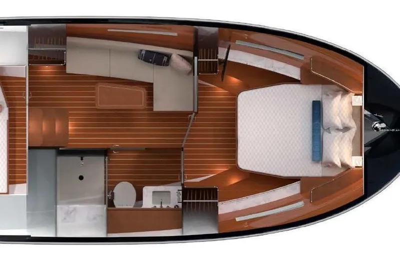 Slide: The Image of Top view of 2025 MJM 42 yacht interior layout with bedroom and bathroom. - 19