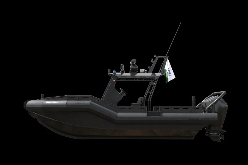 Slide: The Image of 2022 DGS 777 Military Version boat, side view, black background, equipped with flag and antenna. - 8