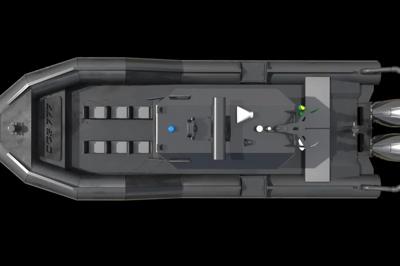 Slide: The Image of Top view of 2022 DGS 777 Military Version boat, featuring sleek design and dual engines. - 9