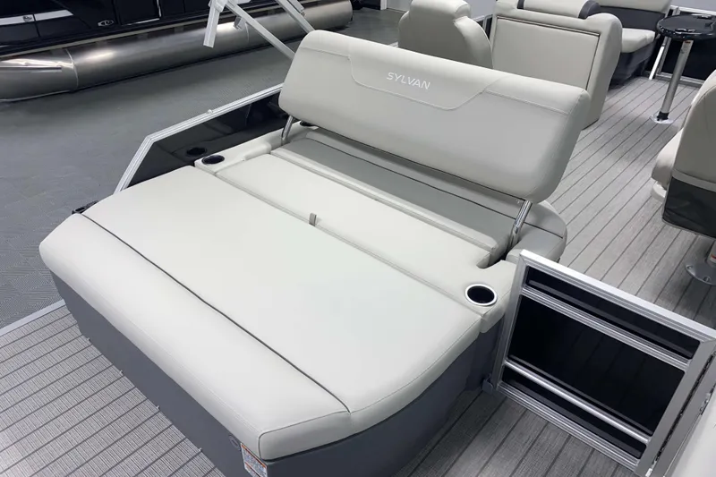 Slide: The Image of Luxurious Sylvan 8 boat seating, 2025 model, featuring comfortable, modern design and cup holders. - 12