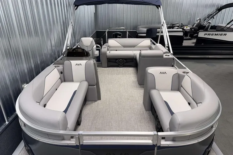 Slide: The Image of 2026 Avalon Venture 2185 VRB pontoon boat with spacious seating and modern design. - 10