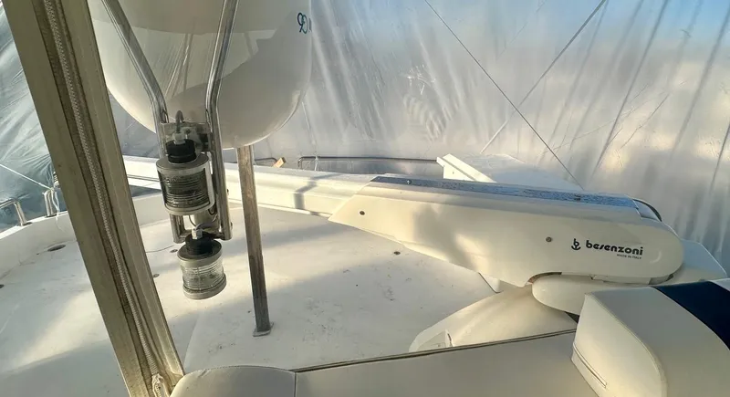 Slide: The Image of Horizon P70 yacht deck with Besenzoni equipment, 2004 model, under protective cover. - 46