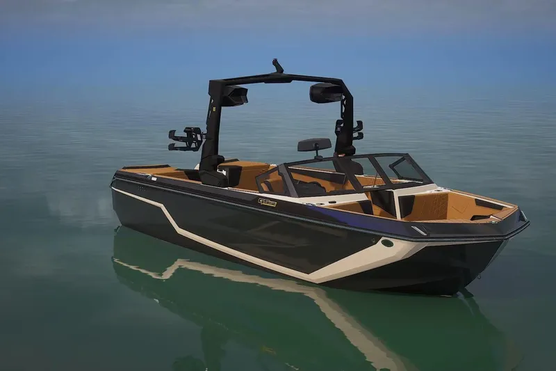 The Image of 2026 Nautique Super Air Nautique GS24 boat on calm water, showcasing sleek design. - 1
