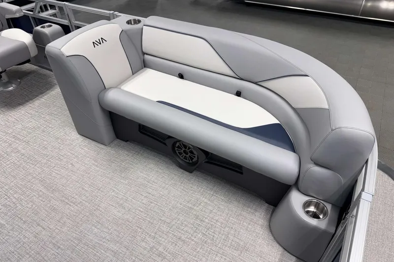 Slide: The Image of 2026 Avalon Venture 2385 QL boat seating with modern gray and white upholstery. - 10