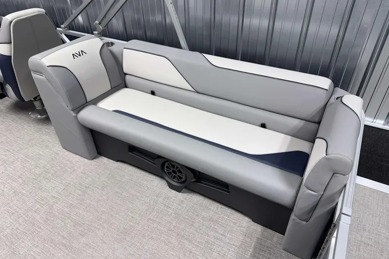 Slide: The Image of Luxurious seating on 2026 Avalon Venture 2385 QL pontoon boat, featuring sleek gray upholstery. - 18