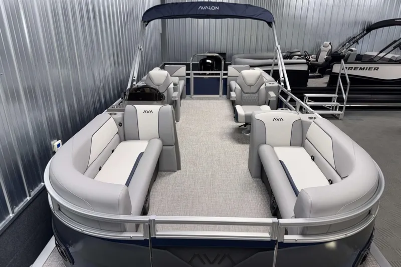 Slide: The Image of 2026 Avalon Venture 2385 QL pontoon boat with spacious seating and modern design. - 9