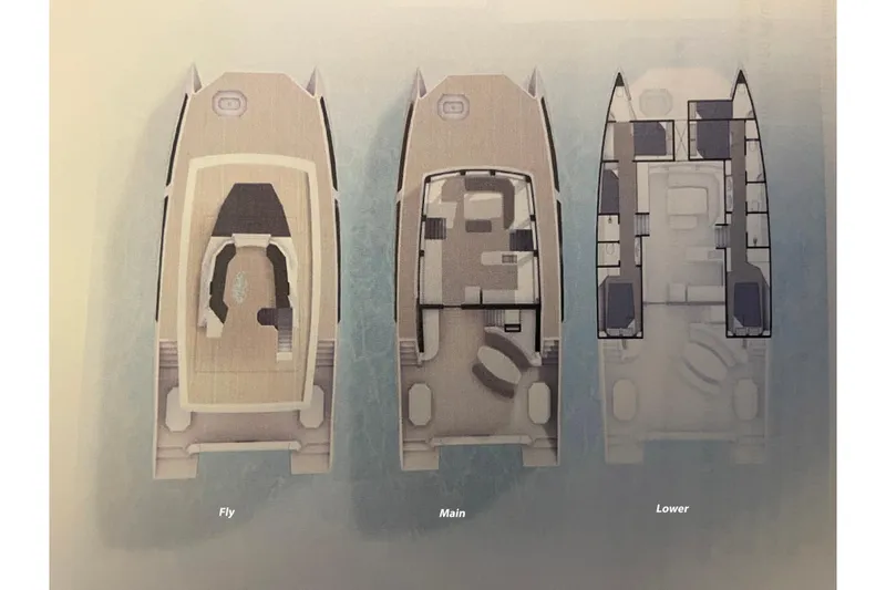 Slide: The Image of Deck plans of the 2024 Leeuwin 55 yacht, showcasing fly, main, and lower levels. - 40